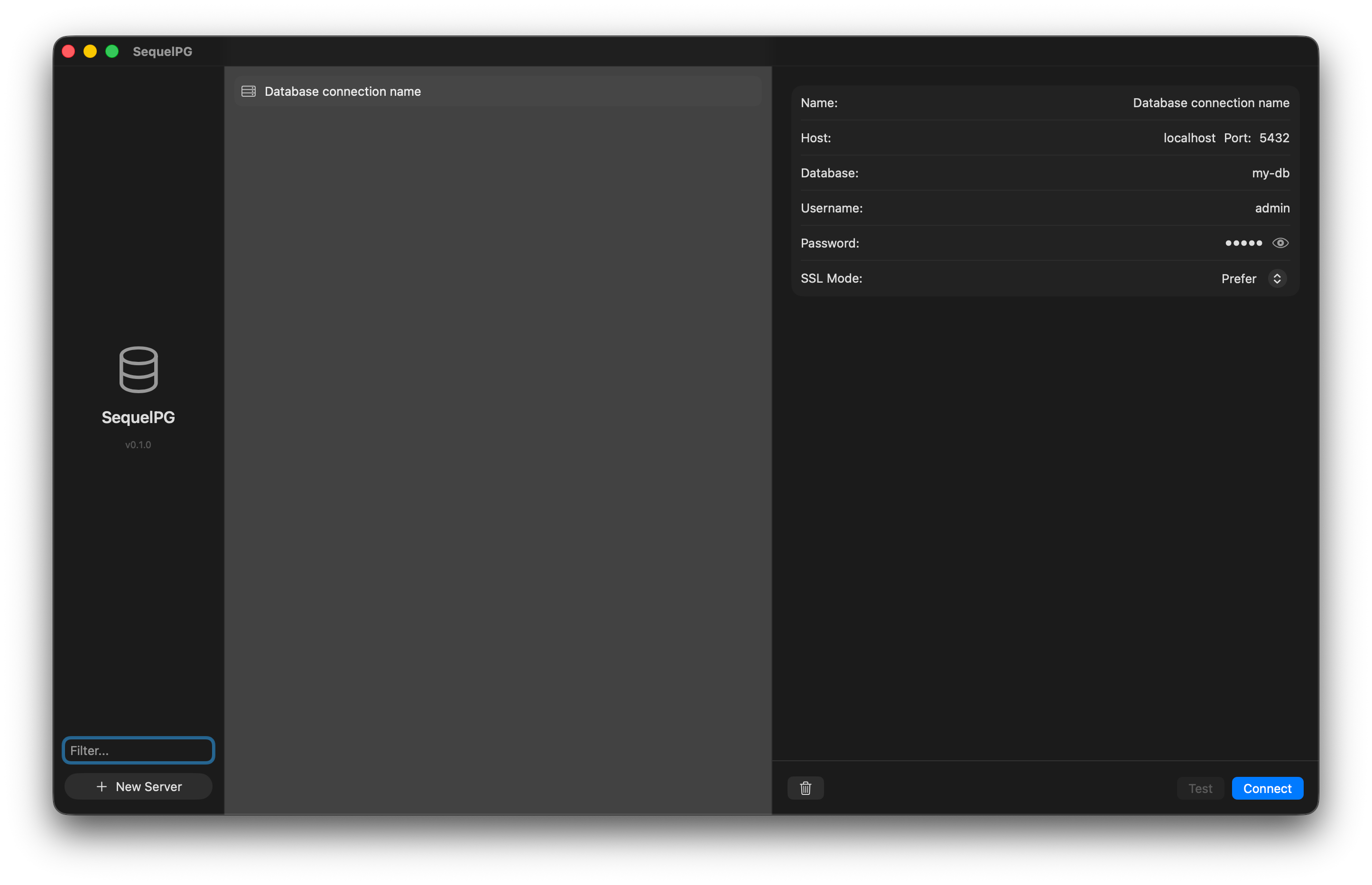 SequelPG PostgreSQL connection settings dialog with host, port, database, SSL mode fields on macOS