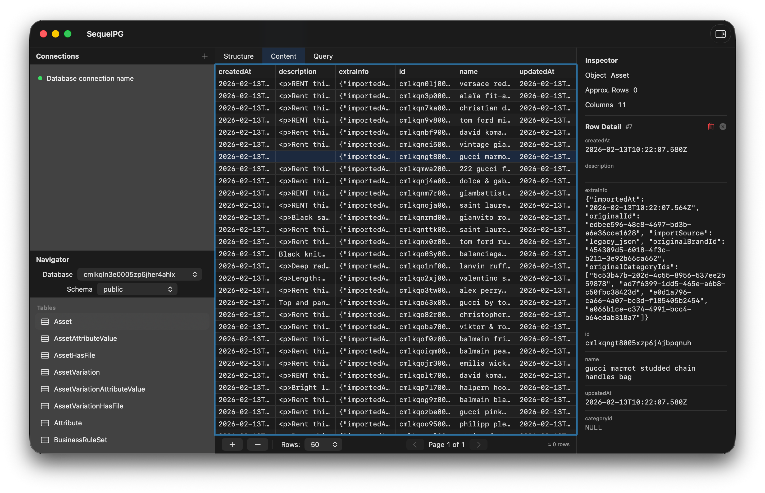 SequelPG content view displaying PostgreSQL table rows with inspector panel for row details on macOS