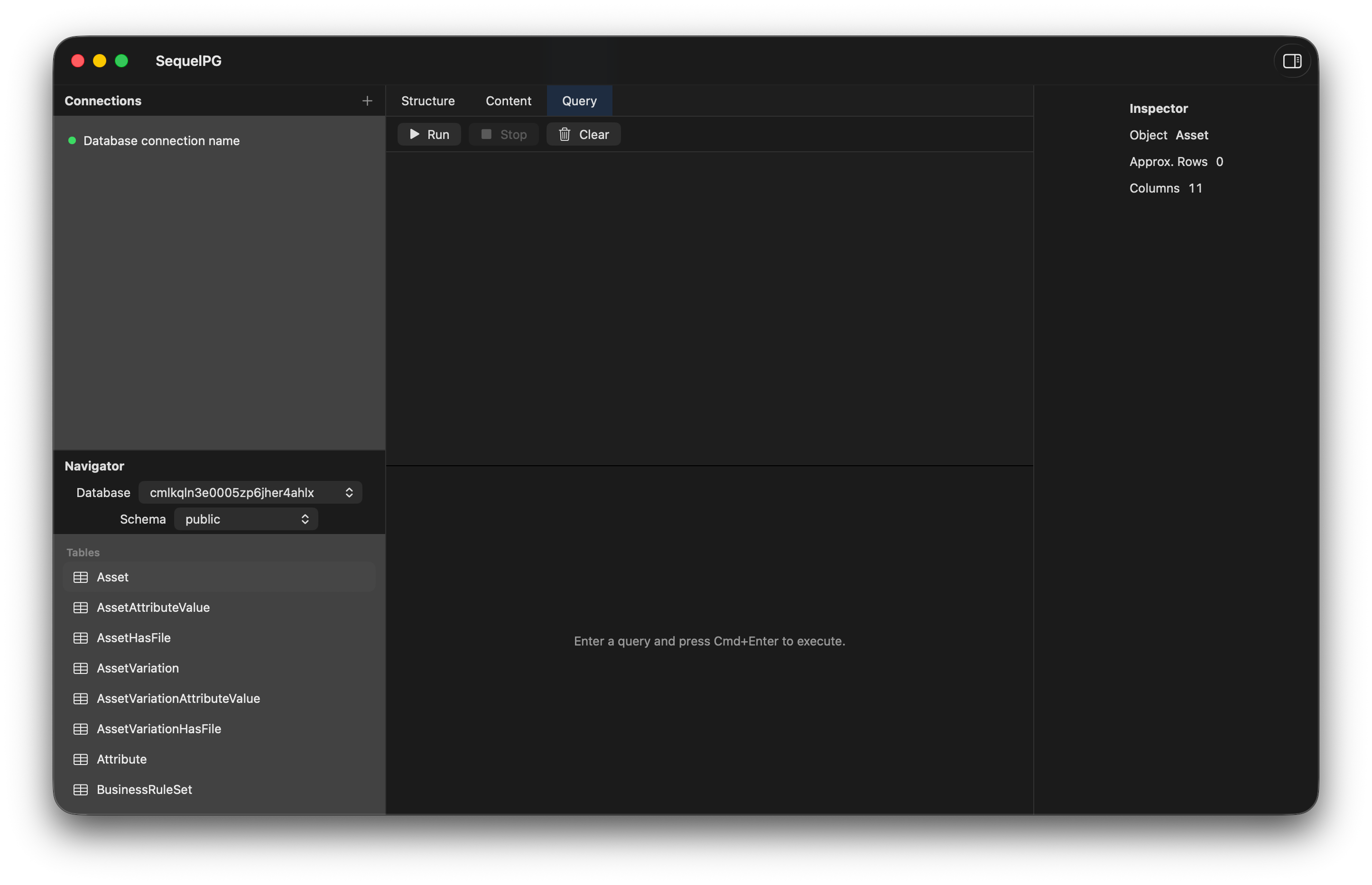 SequelPG macOS PostgreSQL GUI main interface with structure, content and query tabs